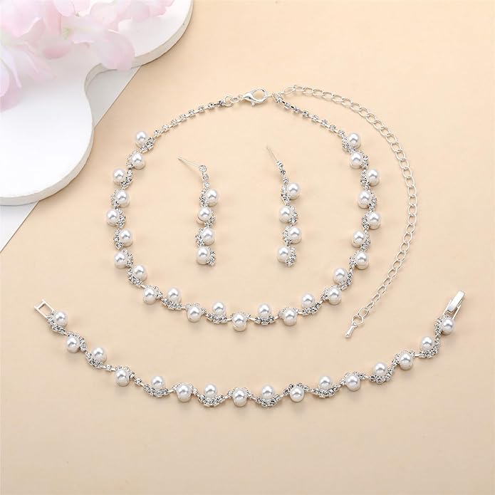 la luen Pearl Bride Wedding Jewelry Set Faux Pearls Crystal Rhinestone Necklace Earrings Bracelet Sets for Women Bridesmaid(3 PCS)