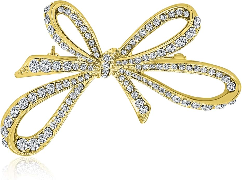 Winter Holiday Blue White Glittering Crystal Bridal Fashion Large Statement Ribbon Scarf Bow Brooch Pin For Women Rose Gold or Silver Plated