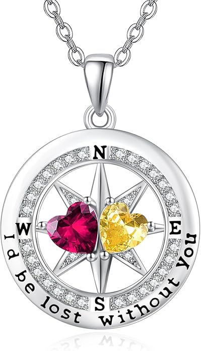 Compass Birthstones Necklace for Women, Exquisite Anniversary Birthday Gifts for Wife Her Double Birthstone Pendant jewelry ‘I'd be Lost Without You’