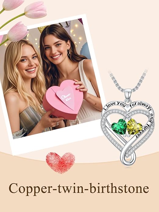 I Love You for Awlays and Forever Double Heart Necklace with Birthstone, 2 Birth Stone Jewelry Anniversary Valentines Mothers Day Christmas Birthday Gifts for Women Her Wife Girlfriend Mom Mother