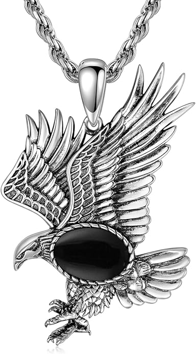 BETHZA Eagle Necklace for Men 925 Sterling Silver Real Gemstone Vintage Hawk Pendant Western Viking Animal Jewelry Gifts for Father