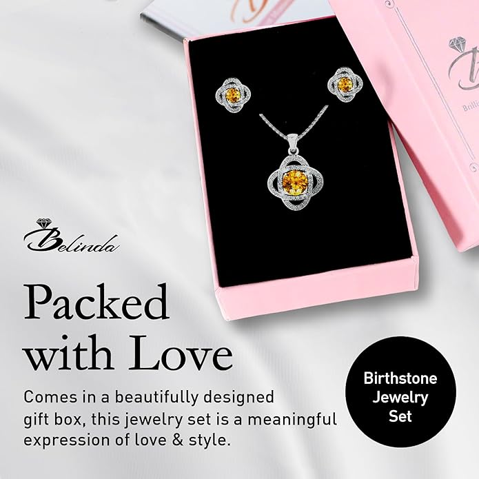 Belinda Jewelz Women 925 Sterling Silver Cute Love Knot Sparkling Gemstone Push Back Stud Earrings Hanging Pendant Necklace Beautiful Fine Jewelry Accessory Set, 1.65 Carat