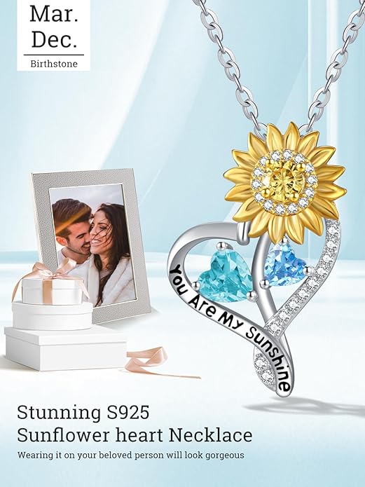 Zeuslia Double Birthstone Necklace Gifts for Wife - 925 Sterling Silver Sunflower/Rose/Crown Cross/Compass/Heart Pendant I Love You Necklace, Anniversary Birthday Gifts for Wife Girlfriend Mom Her