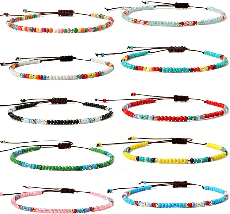 XIJIN 8Pcs Handmade Beaded Anklets for Women Boho Colorful Beads Ankle Bracelets Adjustable Foot Anklet Set
