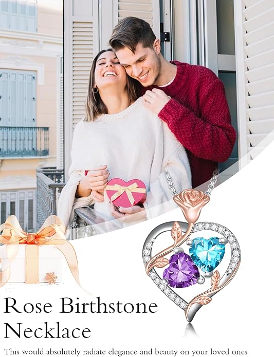 Christmas Gifts for Women Rose Heart Birthstone Pendant Necklace I Love You Forever Jewelry Valentine Mothers Day Birthday Gifts for Women Her Wife Girlfriend