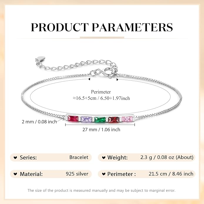 925 Sterling Silver Personalized Mom Birthstone Bracelets for Women — Custom Adjustable Dainty Jewelry for Mother’s Day, Birthday, Christmas Gifts for Mom Grandma Wife