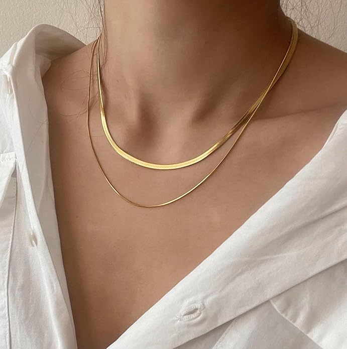 Tewiky Layered Necklaces for Women Non Tarnish- Chunky 14k Gold Plated Herringbone/Snake/Rope/Box/Cuban Link Chain for Women Waterproof Layering Stack Choker Necklace Trendy Dainty Tarnish Free Jewelry Set