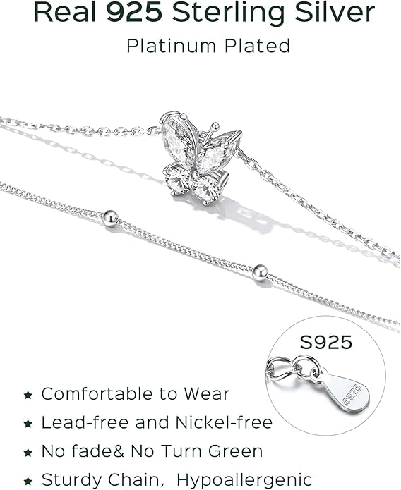 ChicSilver 925 Sterling Silver Anklets for Women Waterproof, Sparkling Birthstone Ankle Bracelets for Women, Adjustable Layered Butterfly Anklet Summer Beach Jewelry