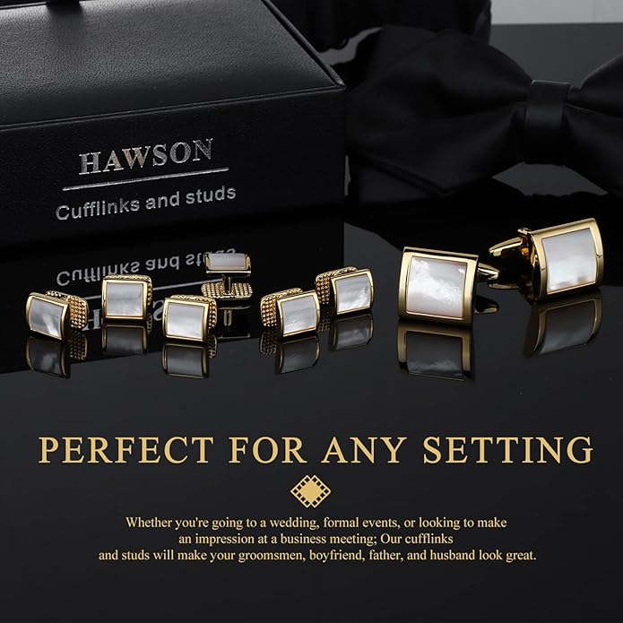 HAWSON Cufflinks and Studs for Men with Gift Box, Gold or Silver Tone Cuff Links, Mens Jewelry or Accessories for Wedding Business Anniversary Birthday