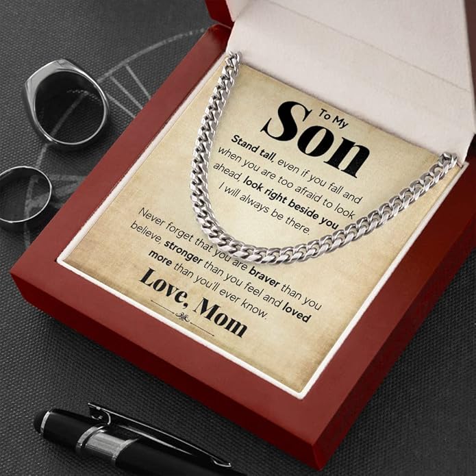 FG Family Gift Mall To My Son From Mom, Son Gifts From Mom and Dad, Mother and Son Necklace, Birthday Gift For My Son Graduation Christmas Cuban Link Chain Necklace Present