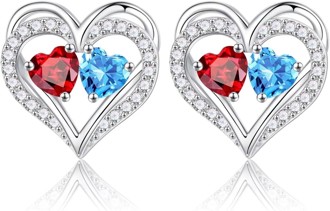 Iefil Birthstone Earrings for Women - 925 Sterling Silver Heart Earrings Anniversary Birthday Gifts for Women Wife Girlfriend Mom