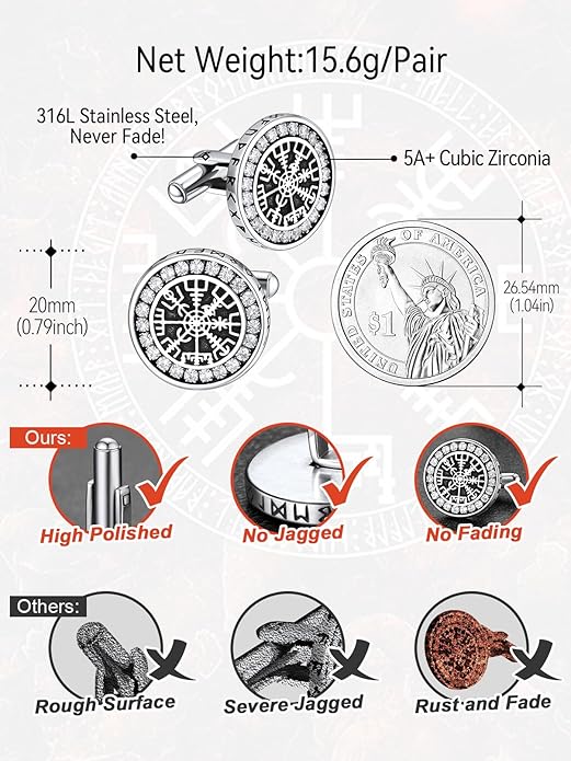 FaithHeart Mens Cufflinks, Norse Viking Tuxedo Shirt Cuff Links, Stainless Steel Cuff Links and Shirt Studs, Gift Box