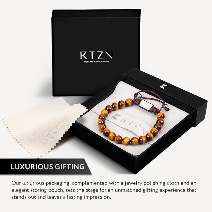RTZN® Tigers Eye Bracelet for Men – Premium Artisan Handcrafted Golden Brown Tiger Eye Bead Bracelets – Natural Stone Tiger Eye Bracelet Men – Beaded Bracelets for Men