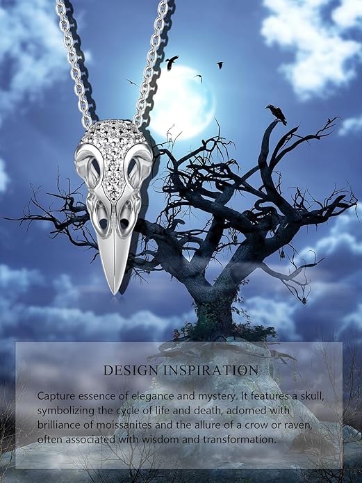 CYW Moissanite Skull Cross/Spider/Raven Necklace for Men Women, Intriguing Design, Really Authentic Solid 925 Sterling Silver with Rhodium Finish, 16"/18"/20" Adjustable, Halloween Jewelry