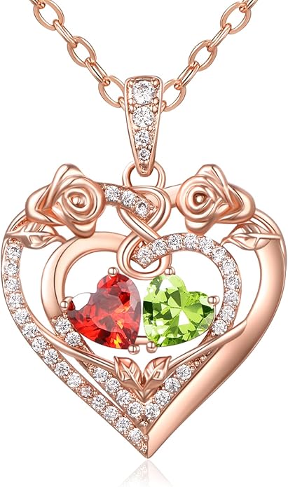 JIYVY32 Rose Heart Necklace for Women Exquisite 925 Sterling Silver Anniversary Birthday Gifts for Wife Mom Her Double Birthstone Pendant Jewelry