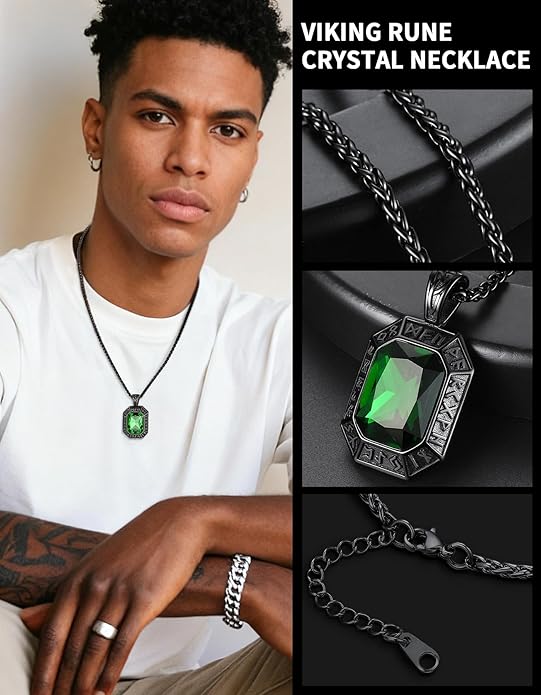 ChainsHouse Viking Rune Pendant Necklace for Men Women, Punk Biker Black Metal/316L Stainless Steel Onyx Norse Vintage Amulet Necklaces with Black/Red/Green/Blue Gemstone, Send Gift Box