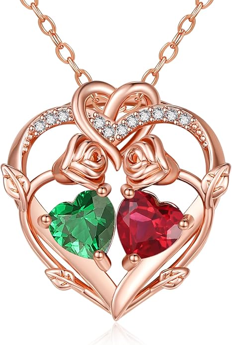 Rose Gold Necklaces for Women Double Birthstone Rose Flower Heart Pendant Necklace Jewelry Anniversary Christmas Valentine's Mother's Day Birthday Gift for Wife Mom Her Girlfriend Sister