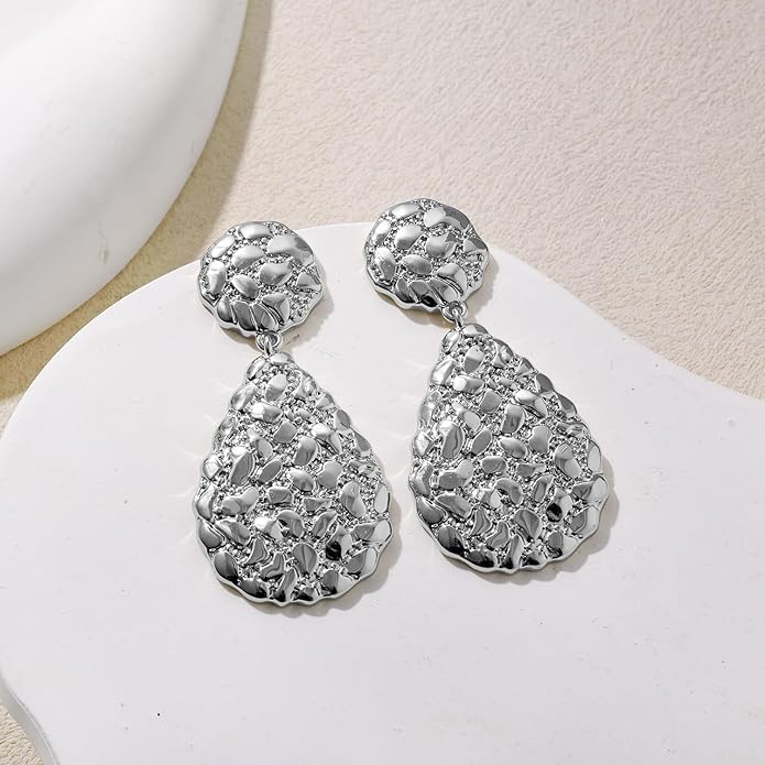 Hefanny Large Hammered Teardrop Dangle Earrings Geometric Chunky Flower Earrings Women's Trendy Statement Jewelry Multiple Styles