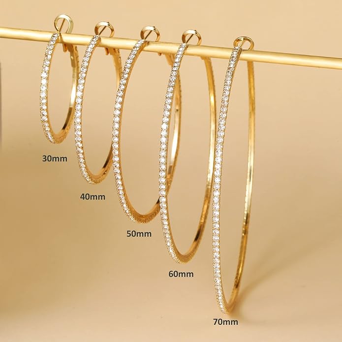 925 Sterling Silver Earrings Large Rhinestone Hoop Earrings Big Cubic Zirconia Hoop Earrings Thin Rhinestones Round Hoop Earrings for Women 20/30/40/50/60/70mm Sparkly Hoops With Crystals for Womens