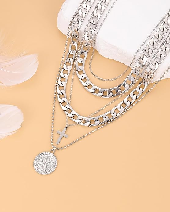 MJartoria Layered Necklaces for Women Trendy Retro Coin Pendant Necklace Dainty Chunky Chain Choker Necklaces for Jewelry Birthday Gifts