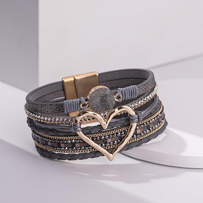 FANCY SHINY Heart Leather Wrap Bracelets Stackable Boho Cuff Bangles Trendy Resin Stone Rhinestone Bracelets with Magnetic Clasp for Women