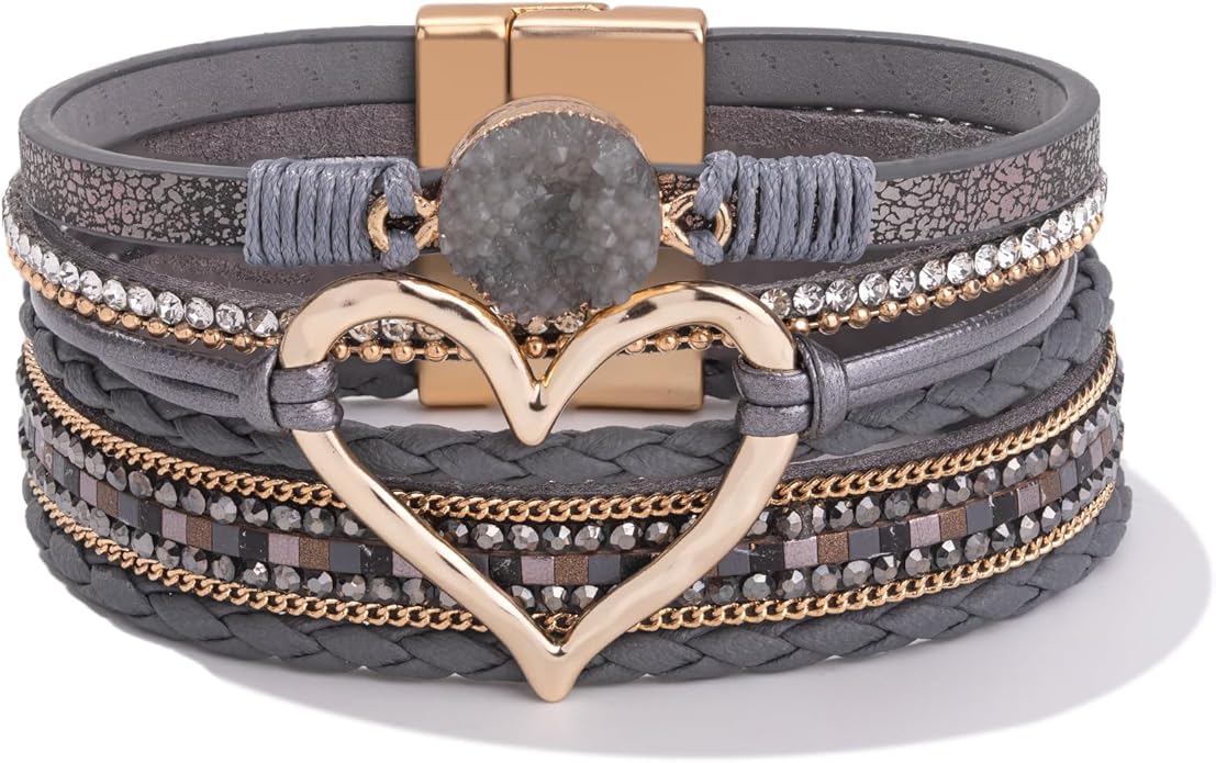 FANCY SHINY Heart Leather Wrap Bracelets Stackable Boho Cuff Bangles Trendy Resin Stone Rhinestone Bracelets with Magnetic Clasp for Women