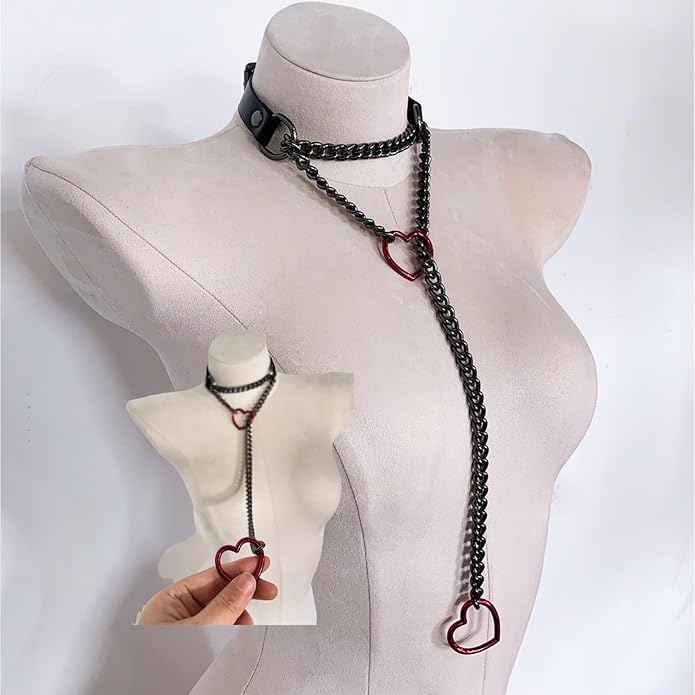 Handmade Black Heart Choker Collar For Women, Punk Gothic O-ring Slip Chain Necklace with Adjustable Vegan Leather Buckle