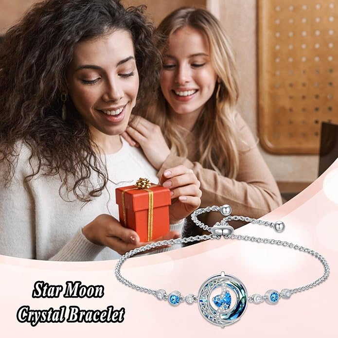 TOUPOP Birthstone Bracelet Moon and Star Bracelet 925 Sterling Silver Blue Crystal Jewelry Birthday Christmas Gifts for Women