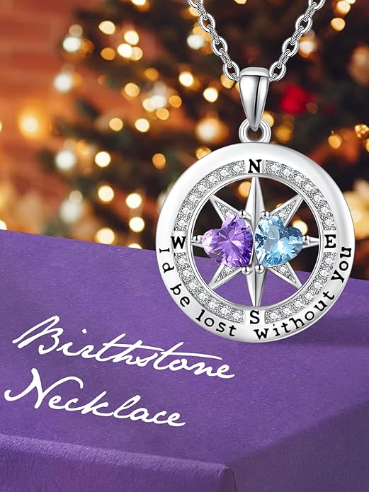 Compass Birthstones Necklace for Women, Exquisite Anniversary Birthday Gifts for Wife Her Double Birthstone Pendant jewelry ‘I'd be Lost Without You’
