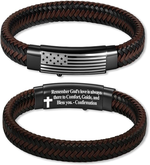 American Flag Leather Bracelet for Men Bible Verse Bracelets Cross Bracelet Christian Jewelry Gift for Men