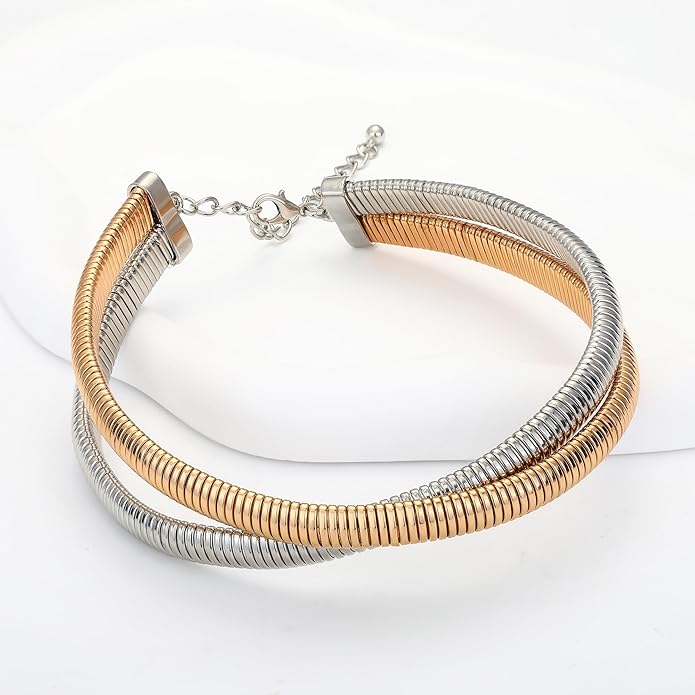 Chunky Gold Choker Necklace for Women, 14K Gold Plated Snake Chain Statement Necklace Triple Twsited Layered Choker Necklaces Jewelry Gifts