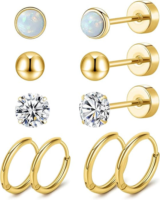 MJust Titanium Earrings for Sensitive Ears 20G Hypoallergenic Stud Hoop Earrings for Women Men Opal Ball CZ Heart Pearl Flat Back Earrings Cartilage Earrings Set