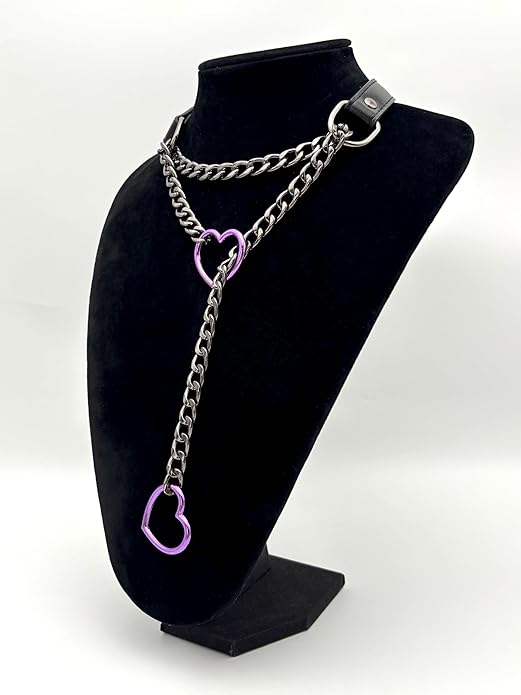 Black Leather Choker Collar For Women, Handmade Heart Slip Chain Choker Long Necklace with Adjustable Buckle