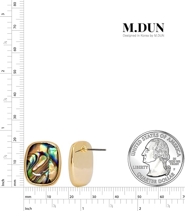 M.DUN- Round Edges Rectangle Shape Studs Earring. Abalone Amber Turquoise Resin Stone Design, 18k Real Gold Plated Bezel, Hypoallergenic Gorgeous Gift for Women