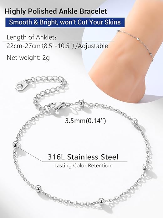 PROSTEEL Stainless Steel Chain Anklets for Women, Silver/Gold Tone, Ankle Bracelets Hypoallergenic, 8-10.5 Inch Adjustable, Come with Box