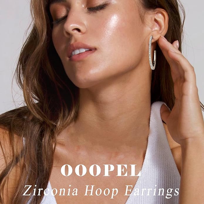 925 Sterling Silver Earrings Large Rhinestone Hoop Earrings Big Cubic Zirconia Hoop Earrings Thin Rhinestones Round Hoop Earrings for Women 20/30/40/50/60/70mm Sparkly Hoops With Crystals for Womens