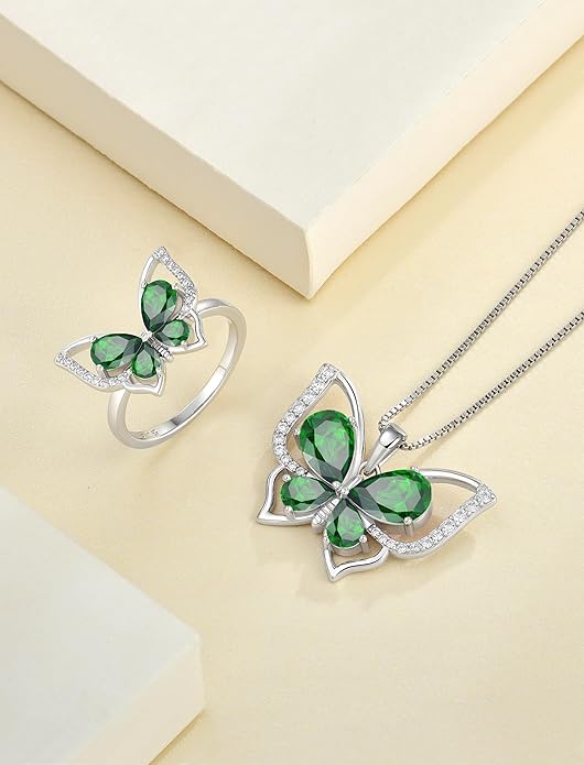 YL Women's Butterfly Necklace 925 Sterling Silver Flower Rose Pendant Birthstone Halo Jewelry