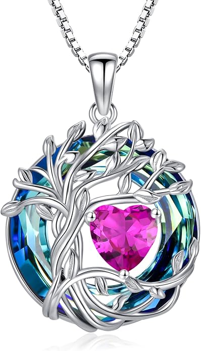 TOUPOP Christmas Gifts Tree of Life Birthstone Necklace 925 Sterling Silver Pendant Austrian Crystal Jewelry Anniversary Birthday Gifts for Women Mom Her Wife