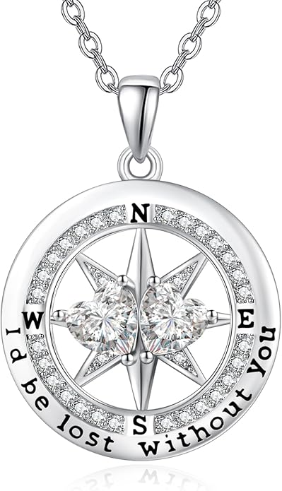 Compass Birthstones Necklace for Women, Exquisite Anniversary Birthday Gifts for Wife Her Double Birthstone Pendant jewelry ‘I'd be Lost Without You’