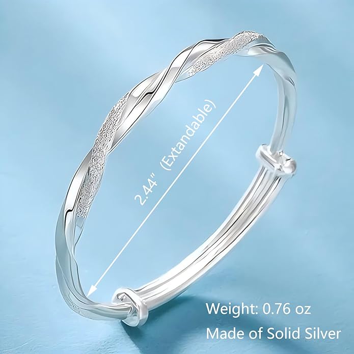 S925 Silver Bangle Bracelet for Women, Elegant Women‘s Sterling Silver Bracelet Bangle Adjustable 6.4-7.8 inches Small Size