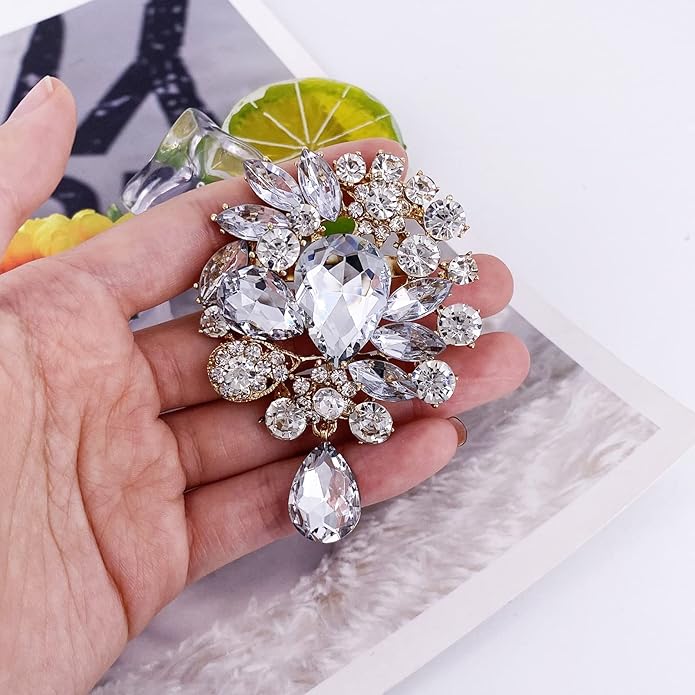 LAXPICOL Vintage Wedding Bridal Big Blue Crystal Rhinestone Tear drop Brooch Pin for Women