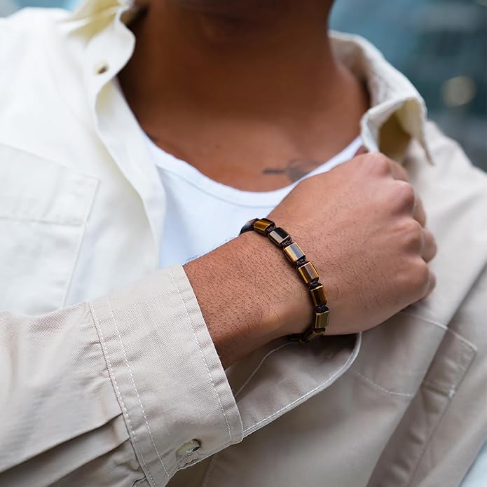 RTZN® Tigers Eye Bracelet for Men – Premium Artisan Handcrafted Golden Brown Tiger Eye Bead Bracelets – Natural Stone Tiger Eye Bracelet Men – Beaded Bracelets for Men