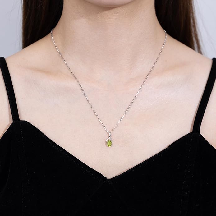 FANCIME 14K Solid White Gold Oval Gemstone Necklace with Diamond Pendant Gifts for Mom Women,16"+2" Inches