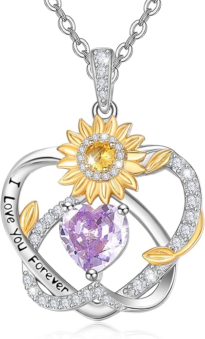 Zeuslia Double Birthstone Necklace Gifts for Wife - 925 Sterling Silver Sunflower/Rose/Crown Cross/Compass/Heart Pendant I Love You Necklace, Anniversary Birthday Gifts for Wife Girlfriend Mom Her