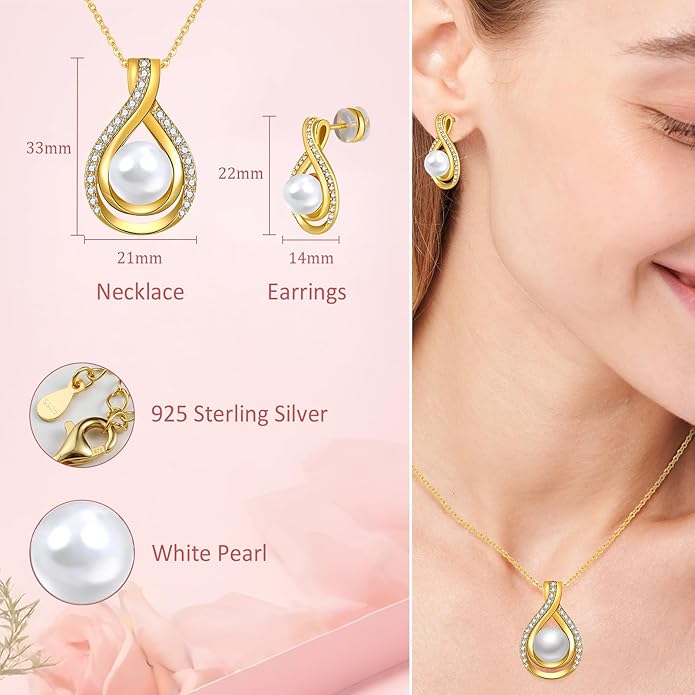 Infinity White Black Pearl Necklace and Earrings Set for Women Gifts for Mom Birthday Mothers Day AAA+ Handpicked Pearl 14K Gold/White Gold Plated Adjustable Jewelry