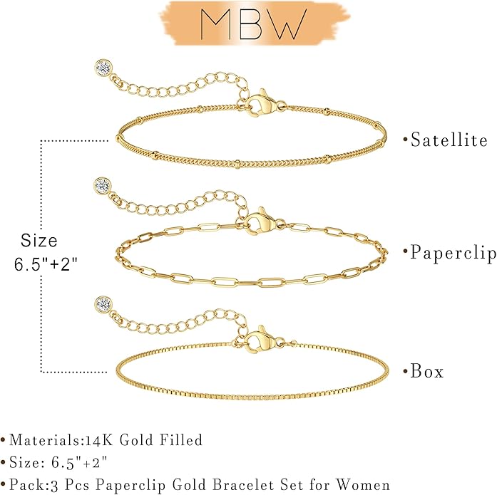 MBW Gold Bracelets for Women Trendy, Dainty 14K Gold Plated Bracelet Stack Beaded Chain Bracelet Set Thin Small Cute Paperclip Bracelets Fashion Waterproof Jewelry Gift Gold Accessories for Women