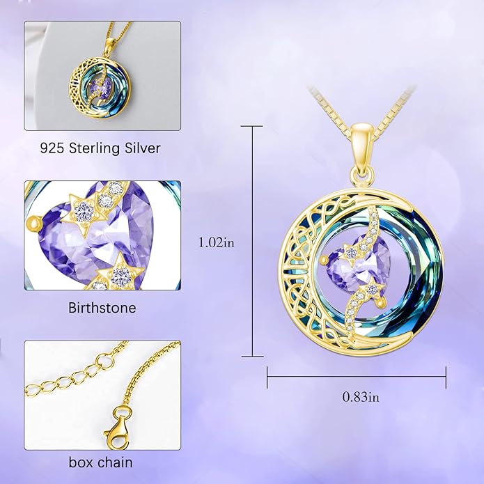TOUPOP Christmas Gifts Birthstone Necklace 925 Sterling Silver Moon and Star Pendant with Blue Crystal Celtic Moon Jewelry Birthday Gifts for Women Mom Wife Her Daughter