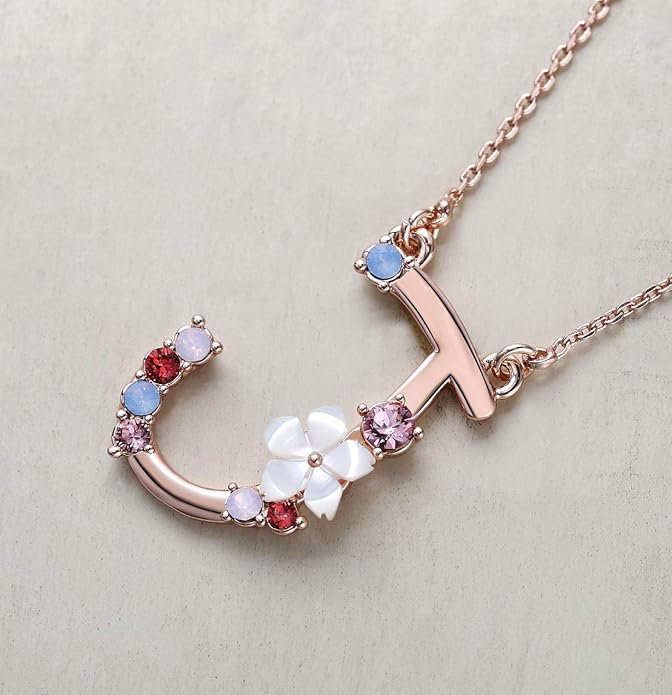 Flower Initial Letter Necklace Pink Red Blue Simulated Pearl Pendant Name Jewelry Made with Austrian Crystals Rose Gold Plated Anniversary Birthday Gifts for Women,18"+2"