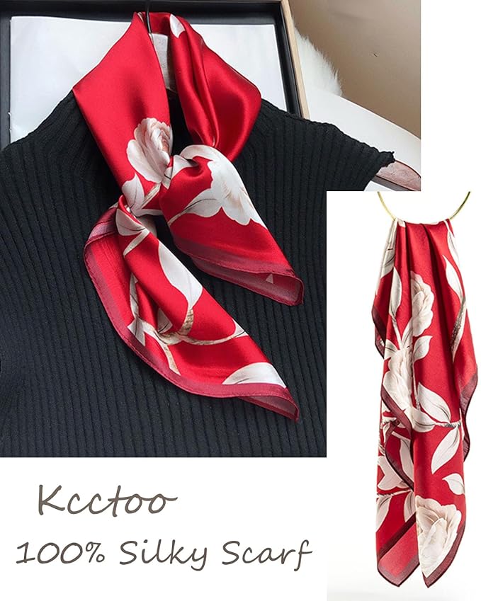 kcctoo 27.5" Mulberry Silk Feeling Head Scarf Women's Fashion Square Neck Satin Scarfs for Bag Hair Scarves Gift