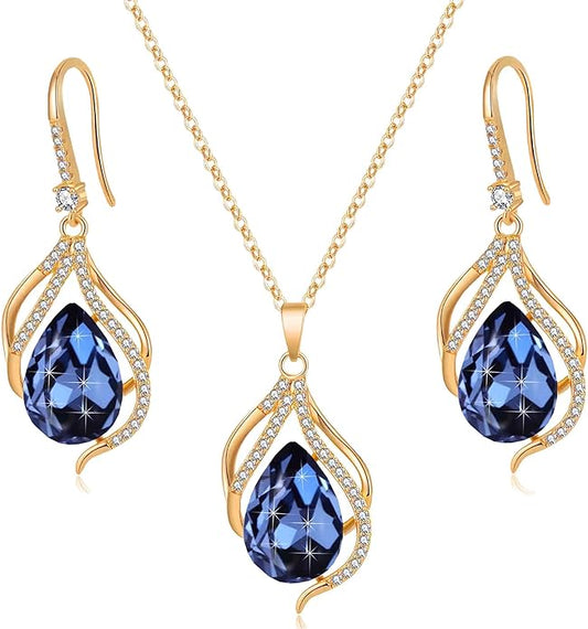 EVEVIC Austrian Crystals Teardrop Hollow Twisted Pendant Necklace Earrings for Women 14K Gold Plated Halo Drop Dangle Earrings Hypoallergenic Jewelry Set